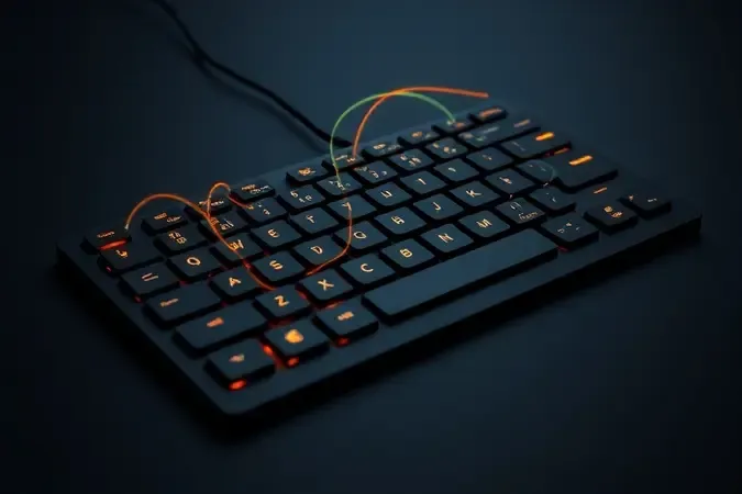 Teclado com teclas iluminadas em âmbar e trilhas de luz abstratas representando personalização de fluxo de trabalho.