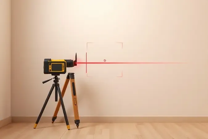 Render 3D mostrando técnica correta de medição com trena a laser posicionada rente à parede com alinhamento preciso.
