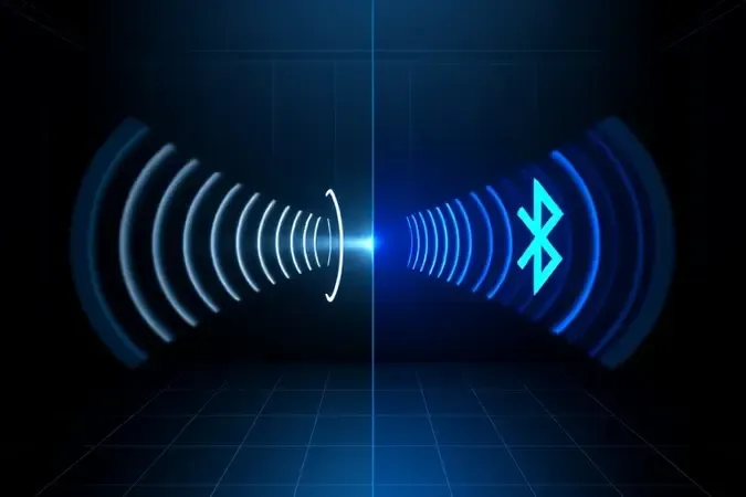 Comparação visual 3D entre sinal direto de 2.4 GHz e ondas Bluetooth mais amplas ilustrando diferença de latência.