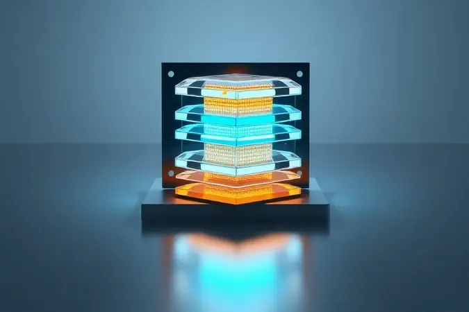 Conceito 3D da tecnologia AMD 3D V-Cache mostrando cache empilhado verticalmente em um processador moderno