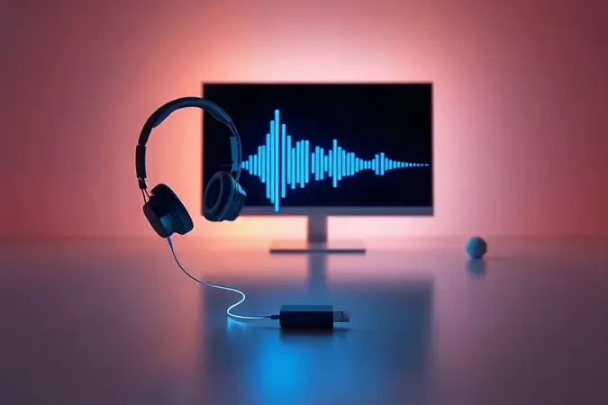 Cena 3D com fones abstratos, ondas sonoras e adaptador Bluetooth simbolizando áudio sem atraso com tecnologia aptX.