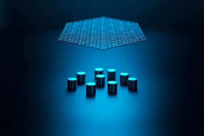 Render 3D conceitual de estrutura hexagonal de grafeno e microfones direcionais representando tecnologias de áudio avançadas