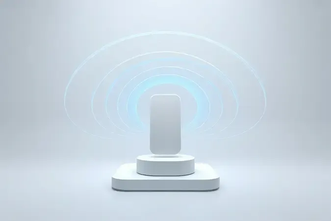 Renderização 3D conceitual de ondas de comunicação digital sem fio conectando estação base e handset abstratos com tons neutros.