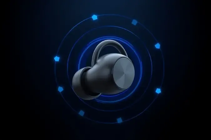 Render 3D conceitual de fone Bluetooth com ondas sonoras abstratas representando tecnologia de áudio