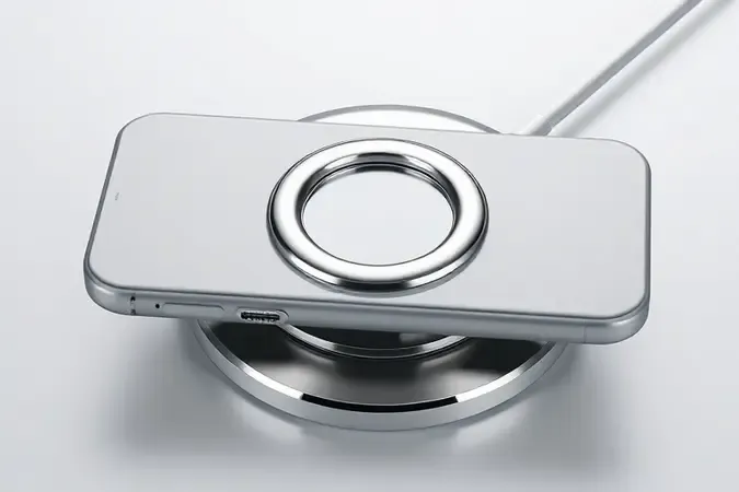 Renderização 3D mostrando alinhamento magnético MagSafe entre iPhone e carregador