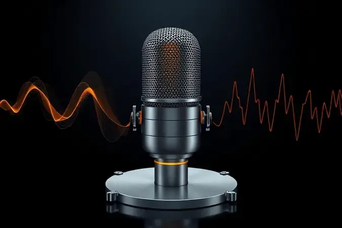 Ilustração conceitual do funcionamento interno de microfone condensador com ondas sonoras transformando-se em sinais elétricos