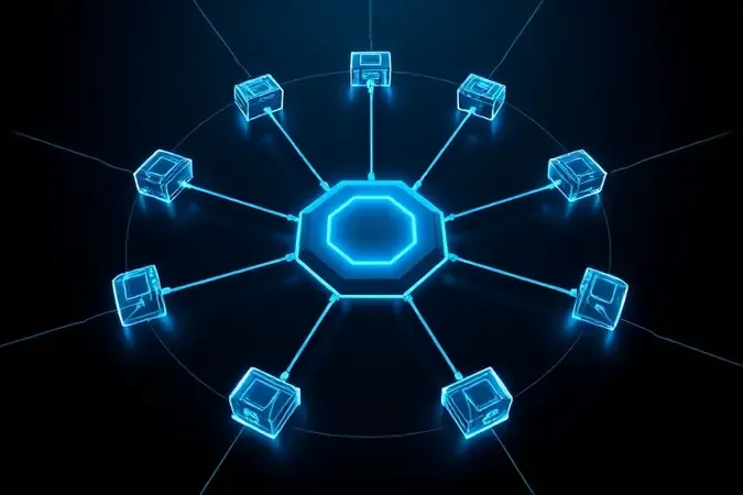 Topologia de rede abstrata com nodos geométricos conectados a um hub central, representando tecnologias Multi HD e IP com fluxos de dados em tons de azul e grafite.