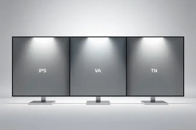 Comparação conceitual em 3D das tecnologias de painel IPS, VA e TN com diferentes ângulos de visão e iluminação em estúdio.