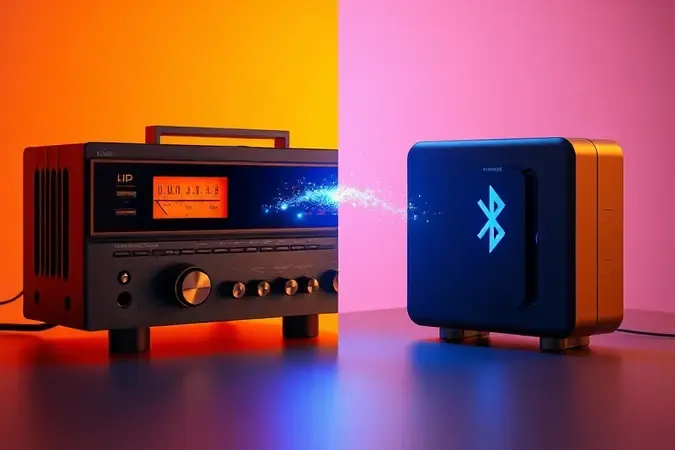 Render 3D contrastando equipamento vintage e adaptador Bluetooth moderno conectados por ponte de luz simbolizando upgrade.