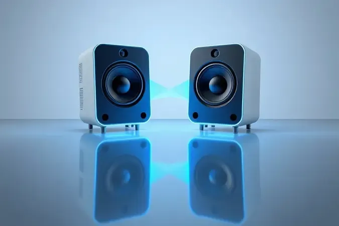 Duas caixas de som emparelhadas via tecnologia TWS com ondas de conexão sem fio luminosas em render 3D.