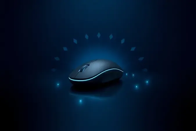 Mouse sem fio flutuando sobre superfície escura com ondas de luz abstratas simbolizando tecnologia de transmissão e sensor óptico.