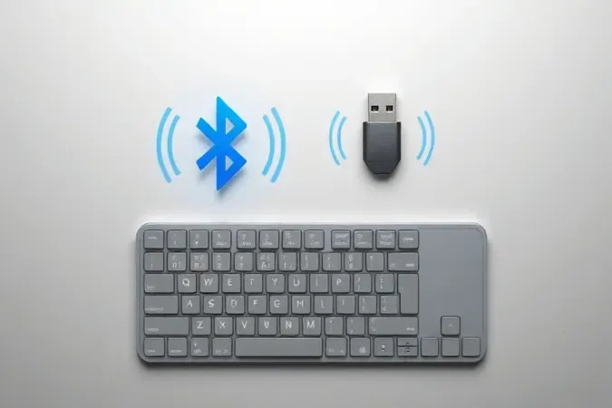 Representação conceitual das tecnologias de conexão sem fio com ondas Bluetooth e receptor USB junto a teclado sem marca.