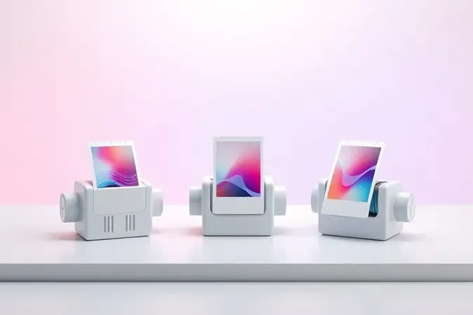 Representação 3D conceitual de três tecnologias de impressão fotográfica portátil com impressões abstratas.