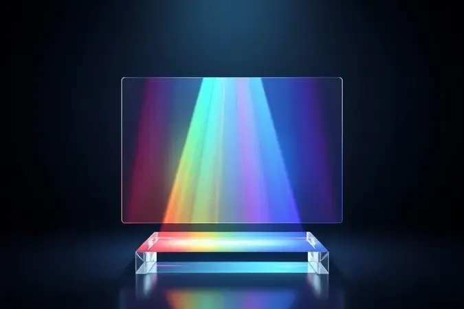 Render 3D conceitual de tecnologias de imagem com feixes de luz atravessando prisma cristalino sobre tela