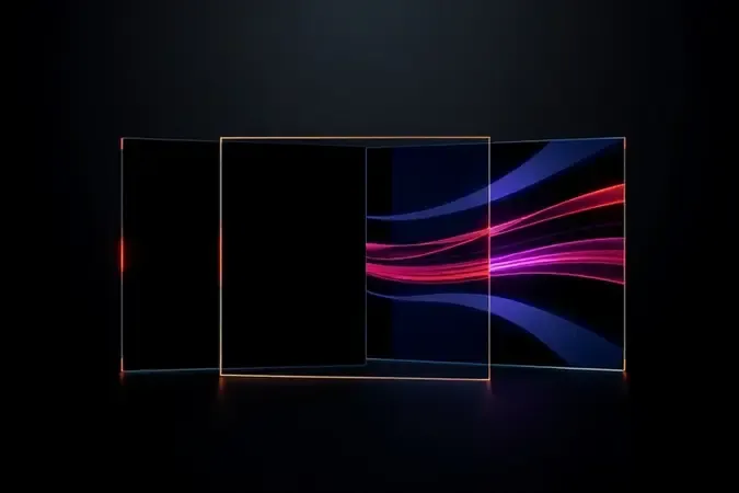 Representação artística em 3D das tecnologias de painel OLED, IPS Black e Fast IPS para monitores modernos.