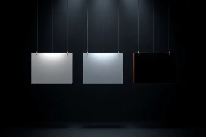 Três painéis retangulares flutuantes representando tecnologias IPS, VA e OLED em renderização 3D com fundo escuro.
