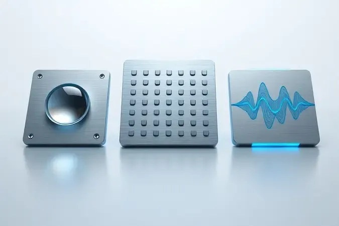 Renderização 3D conceitual comparando três tecnologias de sensores biométricos com materiais realistas e iluminação profissional.