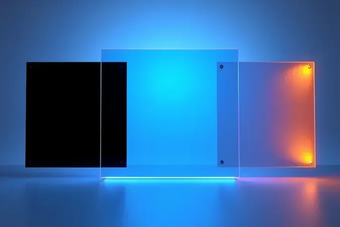 Render 3D conceitual comparando tecnologias de tela OLED, QLED e LED com formas geométricas modernas.
