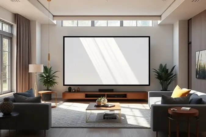 Demonstração de tela de projeção ALR rejeitando luz ambiente em sala iluminada mantendo imagem nítida