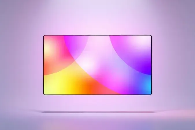 Renderização 3D de tela flutuante sem moldura com gradientes abstratos vibrantes representando alta resolução e qualidade de imagem.