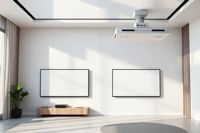 Comparação entre tela de projeção fixa e motorizada em ambiente de home theater moderno e minimalista