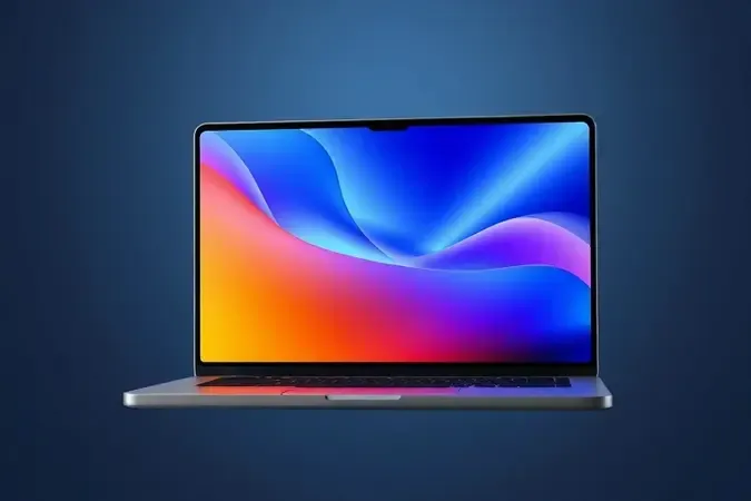 Render 3D conceitual de tela de notebook flutuante exibindo gradientes abstratos de cores suaves com iluminação profissional de estúdio.