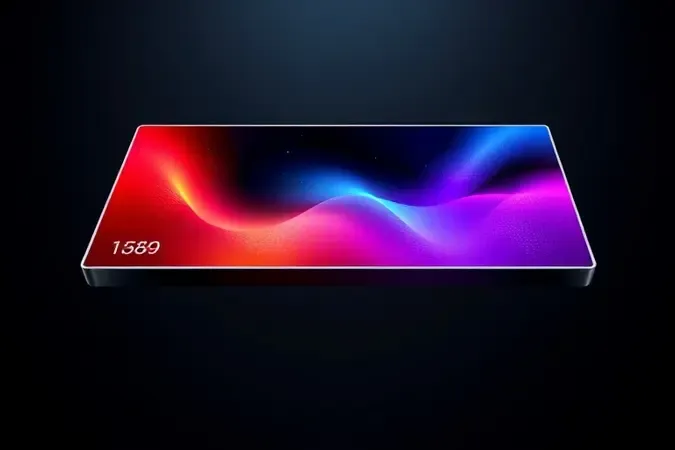 Renderização 3D conceitual de tela OLED flutuante exibindo pretos profundos e cores vibrantes com tecnologia de alto contraste.