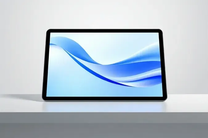 Tablet com tela ampla e fluida em renderização 3D conceitual com iluminação profissional e design minimalista.