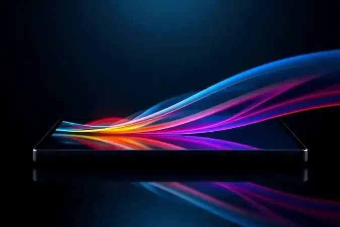 Close-up conceitual de tela de tablet com rastros de movimento coloridos representando alta taxa de atualização.