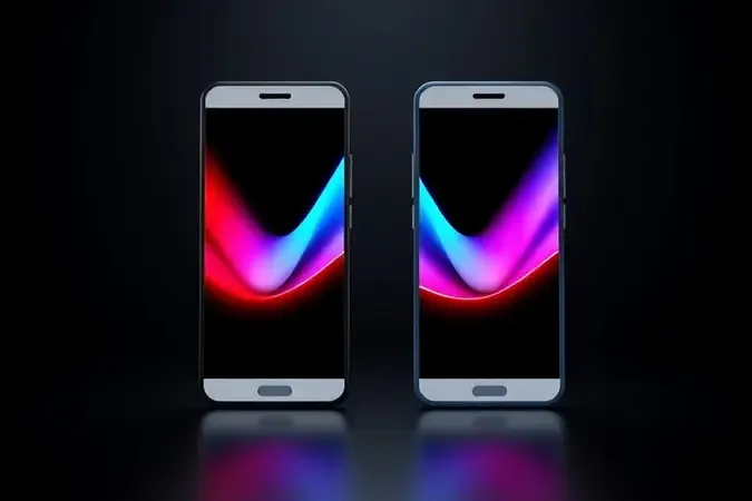 Comparação conceitual 3D entre duas telas de smartphone lado a lado ilustrando diferenças visuais entre IPS LCD e AMOLED.