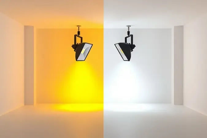 Renderização 3D comparando temperatura de cor quente e fria de refletores LED em ambientes idênticos.