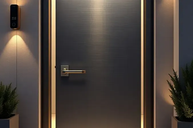 Conceito 3D de segurança residencial moderna com fechadura digital integrada em entrada contemporânea e iluminação ambiente.