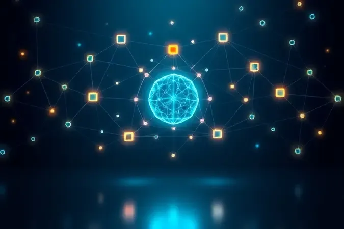 Renderização 3D conceitual de rede de dados interconectada com núcleo luminoso representando tendências como inteligência artificial e big data.
