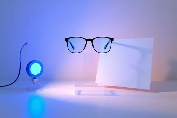 Render 3D conceitual de demonstração científica com fonte de luz azul, óculos com filtro e cartão exibindo resultado de filtragem em tom âmbar.
