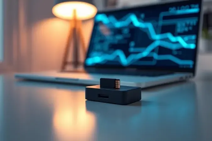 Cartão microSD inserido em leitor minimalista com linhas abstratas de dados fluindo para laptop ao fundo em render 3D.