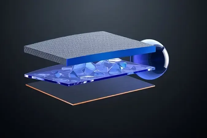 Render 3D conceitual de camadas de painel de monitor em corte transversal com olho translúcido representando conforto visual e tecnologia eye-care.