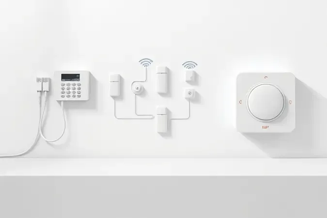Três tipos de alarmes residenciais representados em renderização 3D conceitual: com fio, sem fio e monitorado, lado a lado.