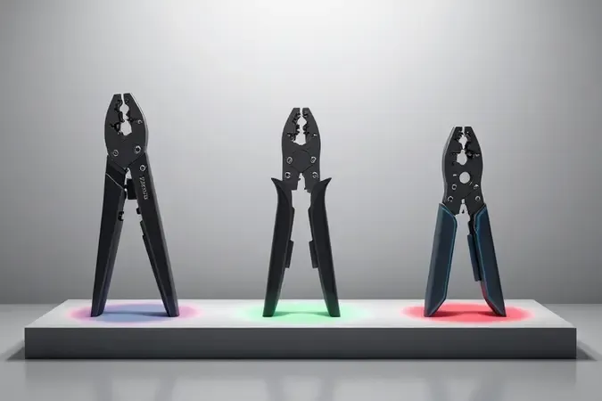 Três estilos diferentes de alicates de crimpar modernos expostos em superfície minimalista para comparação