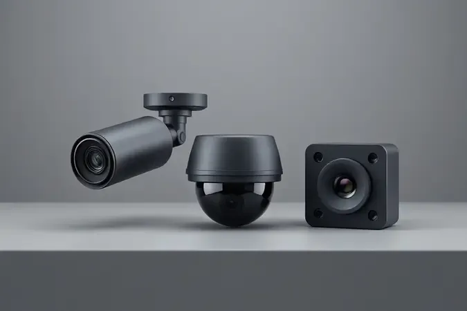Diferentes tipos de câmeras de segurança bullet, dome e compacta representando a variedade de câmeras de monitoramento