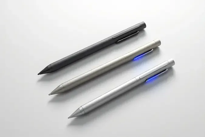 Três tipos de canetas stylus em renderização 3D: capacitiva, EMR e Bluetooth sobre superfície neutra