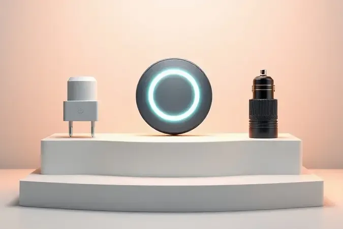 Três tipos de carregadores turbo expostos em pedestal moderno: carregador de parede, base wireless e adaptador veicular.
