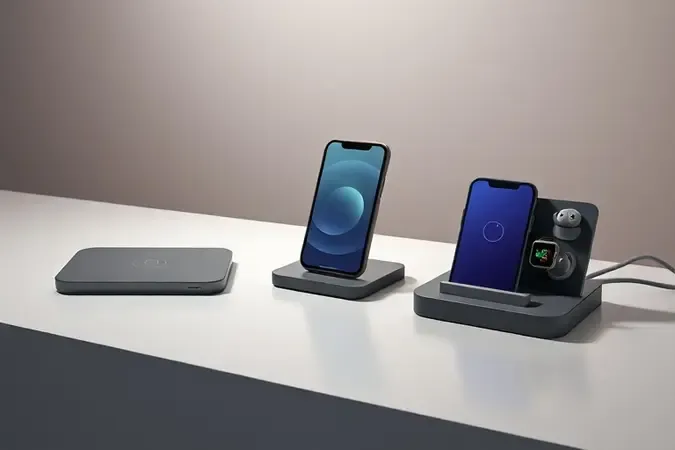 Render 3D mostrando três formatos de carregadores sem fio: base plana, suporte vertical e estação para múltiplos dispositivos.