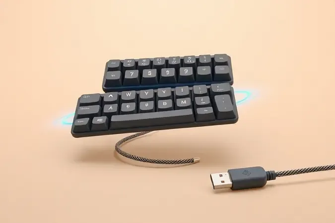 Render 3D de teclas flutuantes representando opções de conexão Bluetooth, cabo USB e receptor wireless para teclados.
