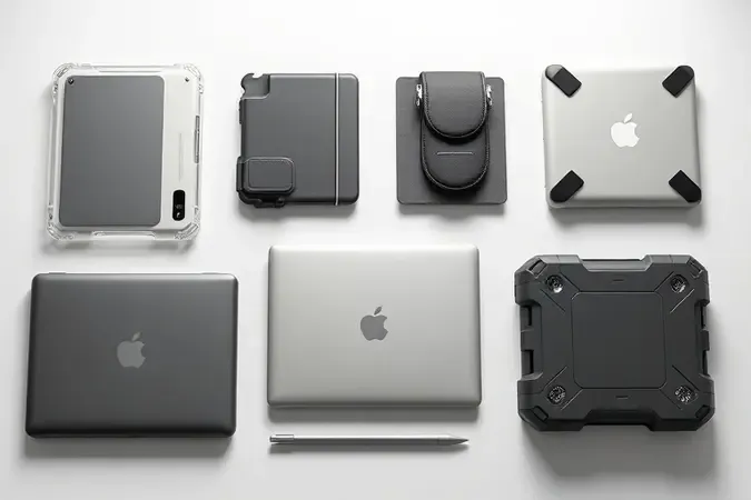 Variedade de tipos de capinhas para notebook em composição 3D conceitual incluindo modelos transparente, silicone e anti-impacto.