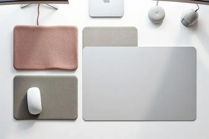 Diferentes tipos de mousepad em render 3D conceitual mostrando variações de material, tamanho e textura.