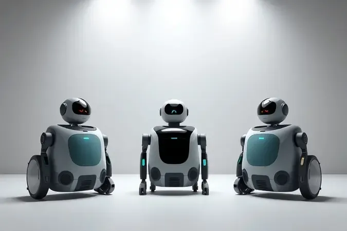 Renderização 3D mostrando três silhuetas distintas de robôs aspiradores em exposição minimalista tipo galeria.