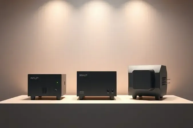 Renderização 3D conceitual comparando estabilizadores mono, bivolt e trivolt em disposição elegante de galeria minimalista
