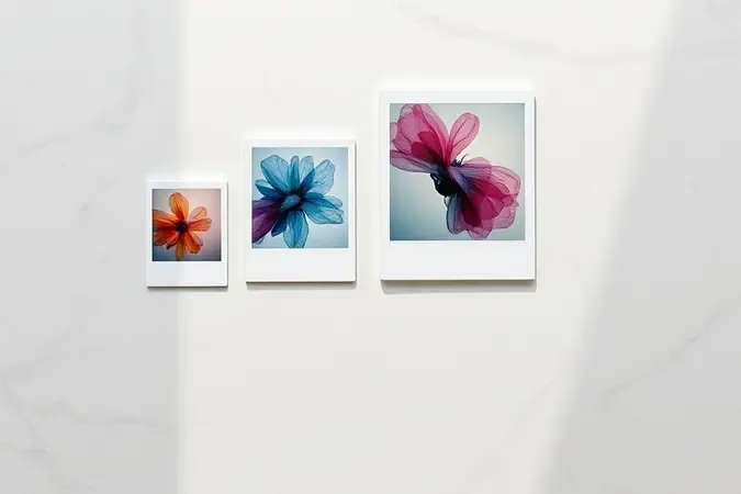 Comparação visual dos três principais formatos de filme instantâneo lado a lado em superfície de mármore.