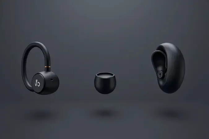 Comparação visual dos três tipos de fixação de fones para corrida: gancho auricular, ponteira intra-auricular e design de orelha aberta em renderização 3D.