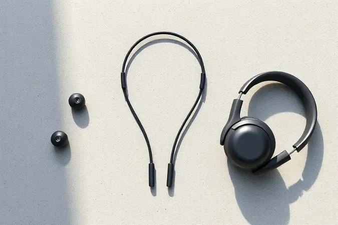Render 3D de três estilos de fones de ouvido sem marca para academia: intra-auricular, neckband e over-ear sobre superfície de concreto.